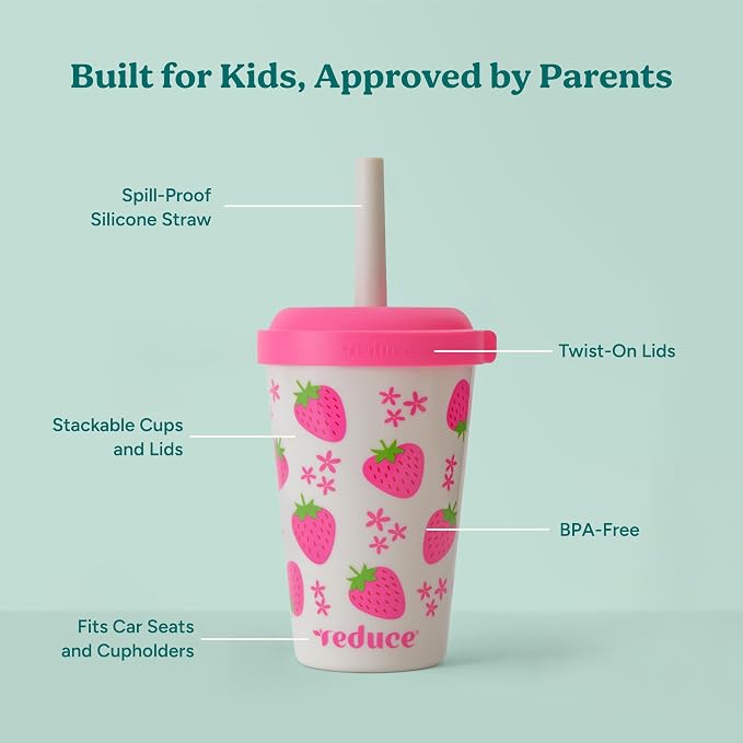 REDUCE GoGo's Kids Portable Tumbler Cups with Lids and Spill-Proof Straws - 5 Pack of Stackable 12 oz Tumblers with Twist-On Lids - Easy Storage, Dishwasher Safe - Fruity Cutie - Image 3