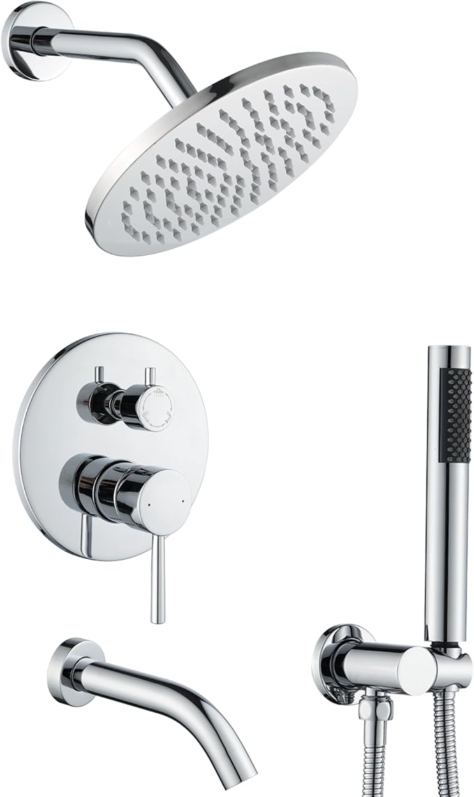 Shower System with Tub Spout, Bathtub Shower Faucet Set, 8" Rain Shower Head and Handheld Spray Combo, Round Shower Head and Handle Set with Tub Spout (Valve Included), Polished Chrome by RFSUNUAN
