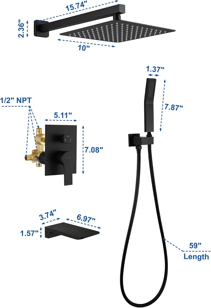 SHAMANDA Shower System with Waterfall Tub Spout and Handheld Shower Head, 10" Rain Shower Faucet Sets Complete with Shower Round-in Valve and Trim Wall Mount, Matte Black, L1010-7 - Image 7