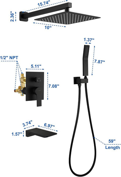 SHAMANDA Shower System with Waterfall Tub Spout and Handheld Shower Head, 10" Rain Shower Faucet Sets Complete with Shower Round-in Valve and Trim Wall Mount, Matte Black, L1010-7 - Image 7