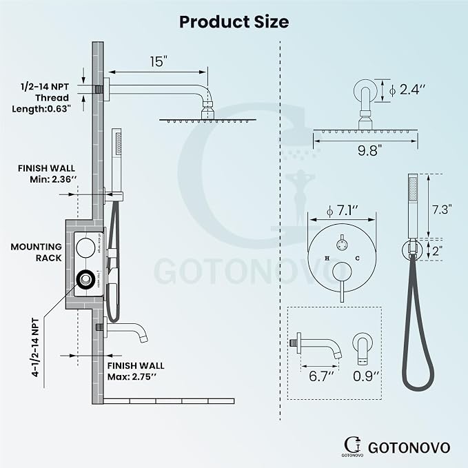 gotonovo Shower System with Tub Spout Wall Mount 3 Function Rough-in Valve Bathtub Shower Faucets Set Complete Rain 10 Inch Round Showerhead Trim Kit Combo, Cylindrical Handheld, Matte Black - Image 3