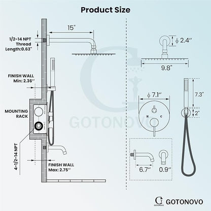gotonovo Shower System with Tub Spout Wall Mount 3 Function Rough-in Valve Bathtub Shower Faucets Set Complete Rain 10 Inch Round Showerhead Trim Kit Combo, Cylindrical Handheld, Matte Black - Image 3