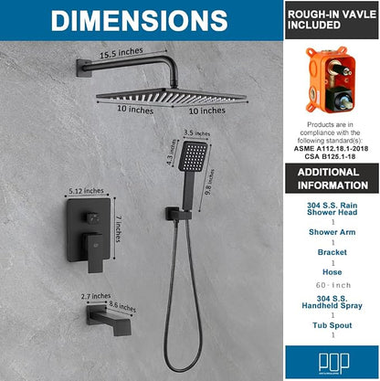 POP SANITARYWARE Matte Black Shower Tub Faucet Set Bathroom Rain Shower System with Tub Spout Wall Mounted Rainfall 10 Inch Shower Head and Handle Set Include Shower Valve and Trim Kit - Image 9