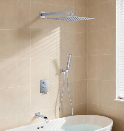 Chrome Shower System with Tub Spout, Wall Mounted Bathtub Shower Faucet Set, 12" Rainfall Shower Head and Handheld Shower Combo, High Pressure Shower Fixtures Set with Rough-in Valve - Image 8