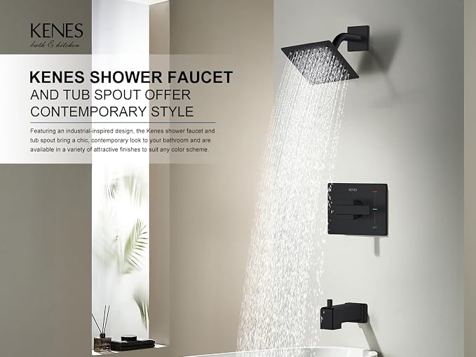 KENES Tub Shower Faucet Set Complete, Matte Black Tub and Shower Trim Kit with 6-Inch Rain Shower Head, Square Shower System, KE-6025A-2 (Shower Valve Included) - Image 2