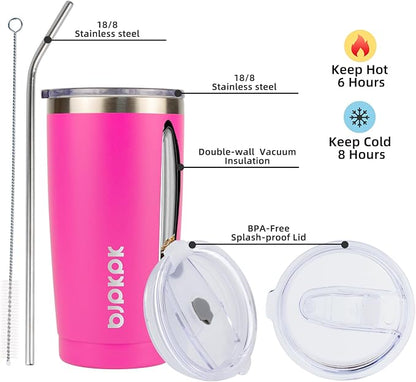 BJPKPK 20oz Stainless Steel Tumbler with Lid, Double Wall Vacuum Coffee Cup, Travel Mug for Ice Drink and Hot Beverage, Insulation Travel Tumbler Cup with Straws,Pink - Image 2