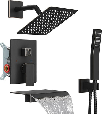 Midanya Shower System with Tub Spout,Bathtub Shower Faucet Set with Square Rainfall Head and Handheld Sprayer Wall Mount Tub Faucet Set with Valve and Trim Kit,8 Inch Oil Rubbed Bronze by Midanya