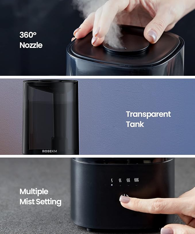 Humidifiers for Bedroom, 2.0L Cool Mist Humidifier for Home Plant and Baby Nursery, Quiet Ultrasonic Humidifier with 360° Nozzle, Auto Shut-Off, Filterless, Black - Image 4