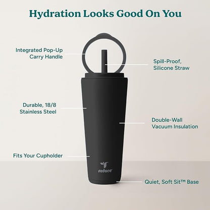 REDUCE Halo 32 oz Stainless Steel Vacuum Insulated Tumbler - Spill Proof Travel Mug with Flip Handle Lid - Keeps Drinks Cold for 32 Hrs - Dishwasher Safe - Cupholder Friendly - Phantom - Image 4