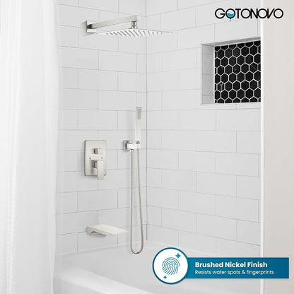 gotonovo Shower System with Tub Spout,Waterfall Tub Shower Faucet Set for Bathroom Head and Handle Set Wall Mounted 3 Function Rough-in Valve and Trim Included 12 inch Shower Head Brushed Nickel - Image 9