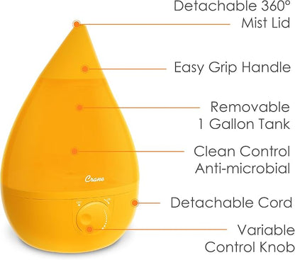 Crane Ultrasonic Cool Mist Humidifier for Bedroom, Baby Nursery, Kids Room, Plants, or Office, Large 1 Gallon Tank, Filter Optional, Orange - Image 3