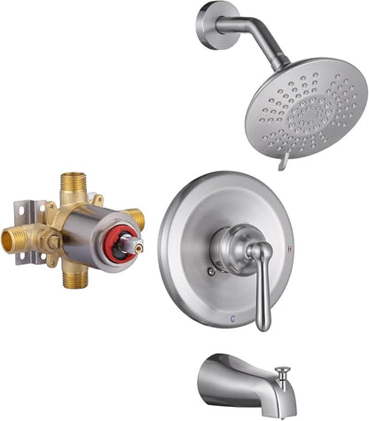 Shower Faucet Set Brushed Nickel: ARCORA Bathtub Faucet Set with 6-Inch Rain Showerhead and Tub Spout, Single-Handle Tub and Shower Trim Kit (Valve Included) by ARCORA