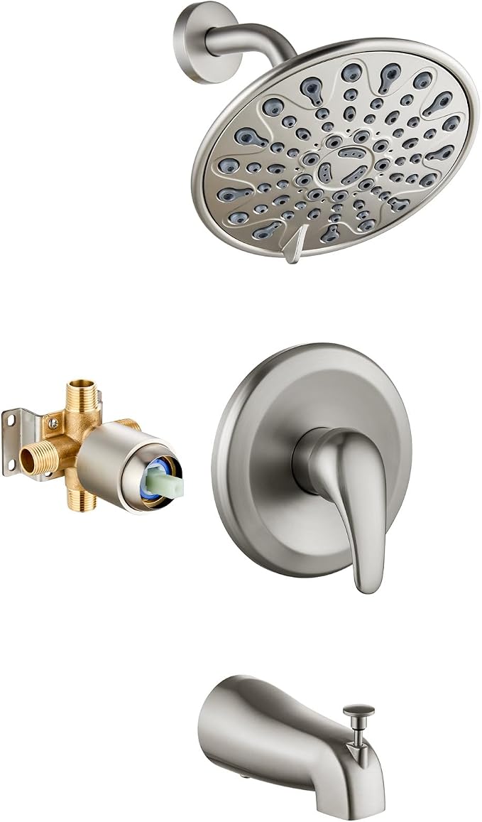 gotonovo Tub Shower Faucet Set Shower Head and Handle Set 6 Modes 6 inch Bathroom Trim Kit with Tub Spout High Pressure Shower System Combo with Valve Round Showerhead Brushed Nickel by HOME
