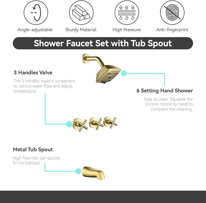 3 Handle Shower Faucet Set with Tub Spout 6-Spray Shower Head and Handle Set Shower Trim Kit with Rough-in Valve Bathroom Shower Faucet Valve Trim Kit Shower System Brushed Gold - Image 5
