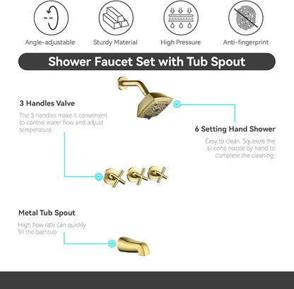 3 Handle Shower Faucet Set with Tub Spout 6-Spray Shower Head and Handle Set Shower Trim Kit with Rough-in Valve Bathroom Shower Faucet Valve Trim Kit Shower System Brushed Gold - Image 5