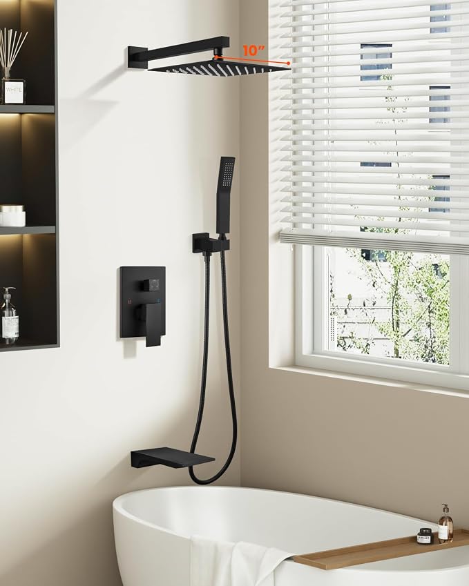 gotonovo Shower System with Tub Spout,Waterfall Tub Shower Faucet Set for Bathroom Head and Handle Set Wall Mounted 3 Function Rough-in Valve and Trim Included 10 inch Shower Head Matte Black - Image 2