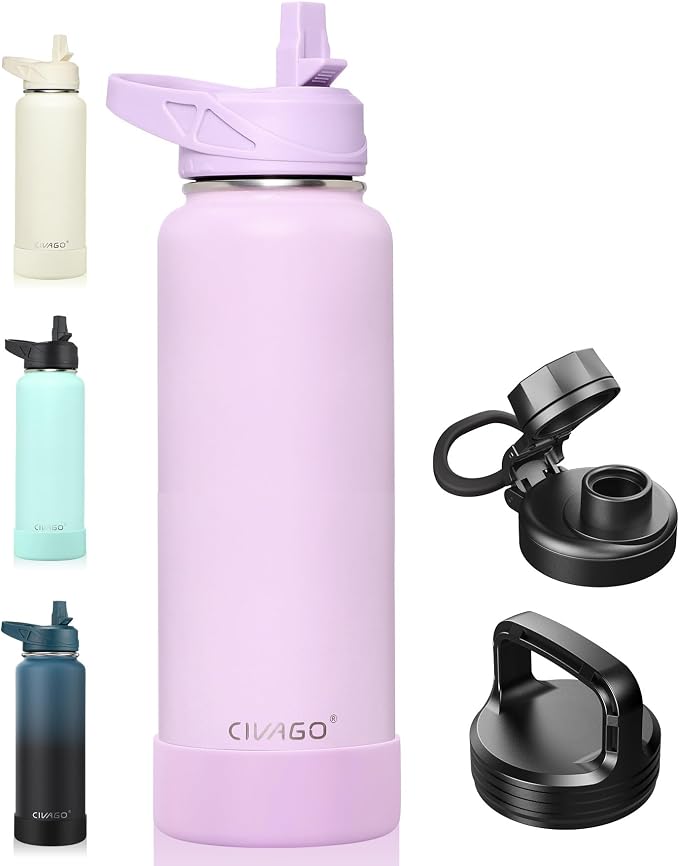 CIVAGO 40 oz Insulated Water Bottle With Straw, Stainless Steel Sports Water Flask Cup with 3 Lids (Straw, Spout and Handle Lid), Double Walled Travel Thermal Canteen Mug, Lavender by CIVAGO