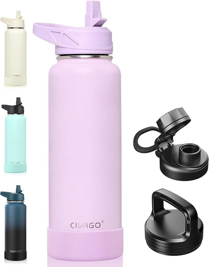 CIVAGO 40 oz Insulated Water Bottle With Straw, Stainless Steel Sports Water Flask Cup with 3 Lids (Straw, Spout and Handle Lid), Double Walled Travel Thermal Canteen Mug, Lavender by CIVAGO