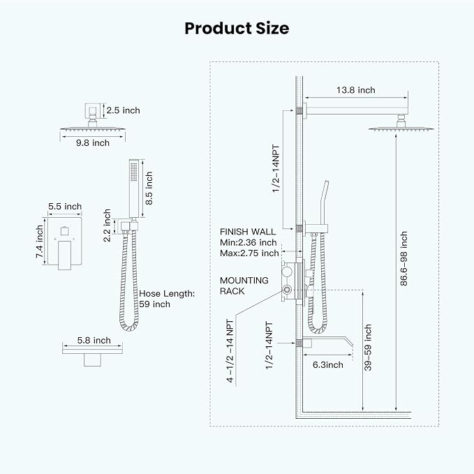 gotonovo 10'' Rain Shower Faucet System Rainfall Shower Head with Handheld Sprayer Waterfall Tub Spout Wall Mounted Mixer Combo Rough-in Valve and Trim Included 5.7 Inch Wide Spout Oil Rubbed Bronze - Image 6