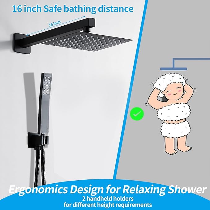 10 Inch Matte Black Shower Faucet Set with Rain Shower Head and Handheld Spray, Wall Mounted Rainfall Shower Head with Handheld Combo, Bathroom luxury Shower System with Valve and Trim - Image 4
