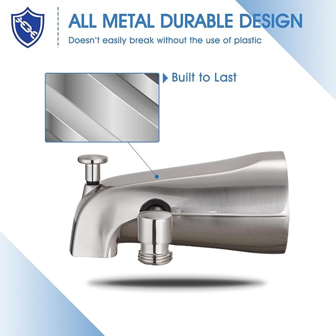All Metal Tub Spout with Diverter Brushed Nickel, Fits Threaded 1/2" or 3/4" IPS, Tub Faucet with Shower Diverter - Image 2
