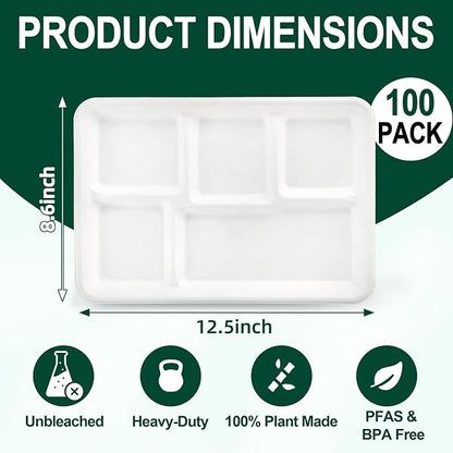 Tinybee 100% Compostable 5 Compartment Paper Plates 12.5 * 8.6 Inch Large Heavy - Image 2