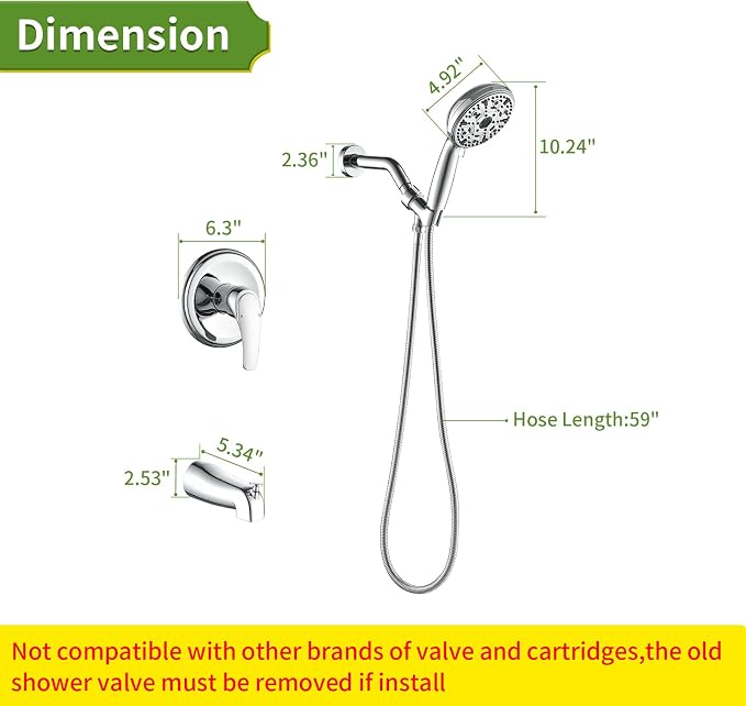 Tub Shower Faucet Set with 10 Spray Handheld Shower Chrome Shower Head and Handle Set Shower System with Tub Spout 4.7 Inch Shower Handheld Shower Fixtures Tub and Shower Trim Kit - Image 7
