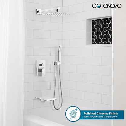 gotonovo 10'' Rain Shower Faucet System Rainfall Shower Head with Handheld Sprayer Waterfall Tub Spout Wall Mounted Mixer Combo Rough-in Valve and Trim Included 5.7 Inch Wide Spout Polished Chrome - Image 2