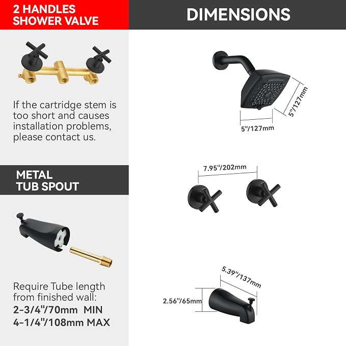 2 Handle Shower Faucet Set with Tub Spout 6-Spray Shower Head and Handle Set Shower Trim Kit with Rough-in Valve Bathroom Shower Faucet Valve Trim Kit Matte Black - Image 3