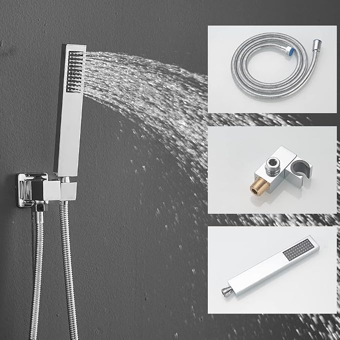 Chrome Shower System with Tub Spout Wall Mounted Tub Shower Faucet Set for Bathroom with High Pressure 10" Rain Shower head and Handheld Shower Head Kit - Image 4
