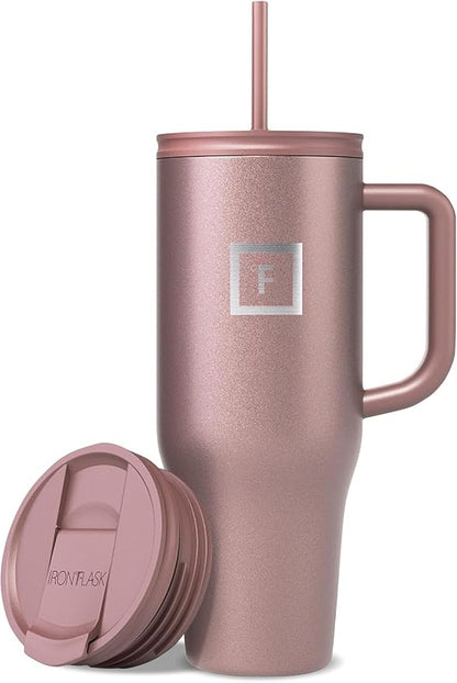 IRON °FLASK Co-Pilot Insulated Mug w/Straw & Flip Cap Lids - Cup Holder Bottle for Hot, Cold Drink - Leak-Proof - Water, Coffee Portable Travel Mug - Rose Gold, 40 Oz by IronFlask