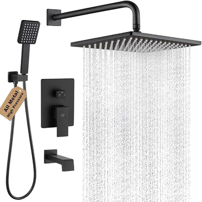 POP SANITARYWARE Matte Black Shower Tub Faucet Set Bathroom Rain Shower System with Tub Spout Wall Mounted Rainfall 10 Inch Shower Head and Handle Set Include Shower Valve and Trim Kit by POPSANITARYWARE
