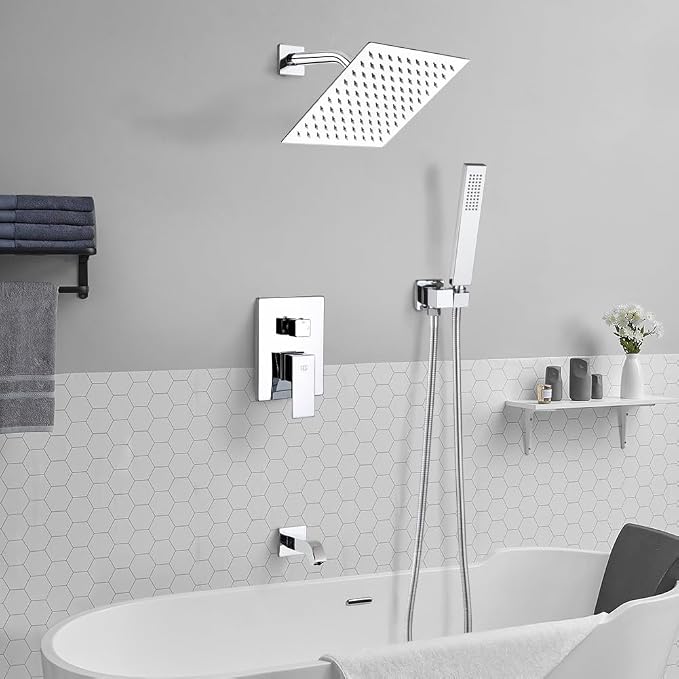 POP SANITARYWARE All Metal Shower Tub Faucet Set Chrome Bathroom 8 Inch Shower Head System with Tub Spout Wall Mounted Single Handle Shower Trim Kit with Rough-in Valve - Image 2