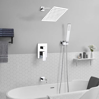 POP SANITARYWARE All Metal Shower Tub Faucet Set Chrome Bathroom 8 Inch Shower Head System with Tub Spout Wall Mounted Single Handle Shower Trim Kit with Rough-in Valve - Image 2