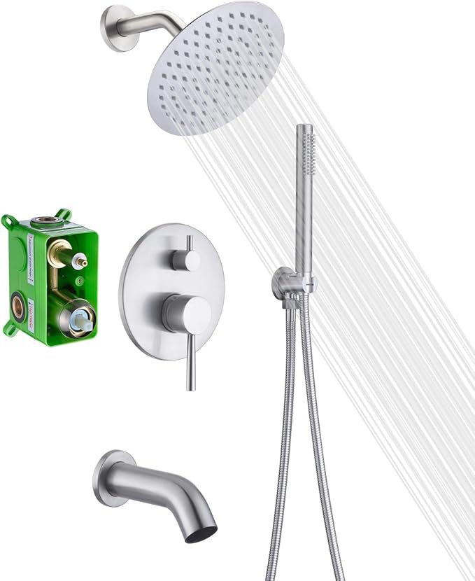 Brushed Nickel Shower System with Waterfall Tub Spout, 8 Inches Rain Shower and Handheld by SUMERAINFAUCETS