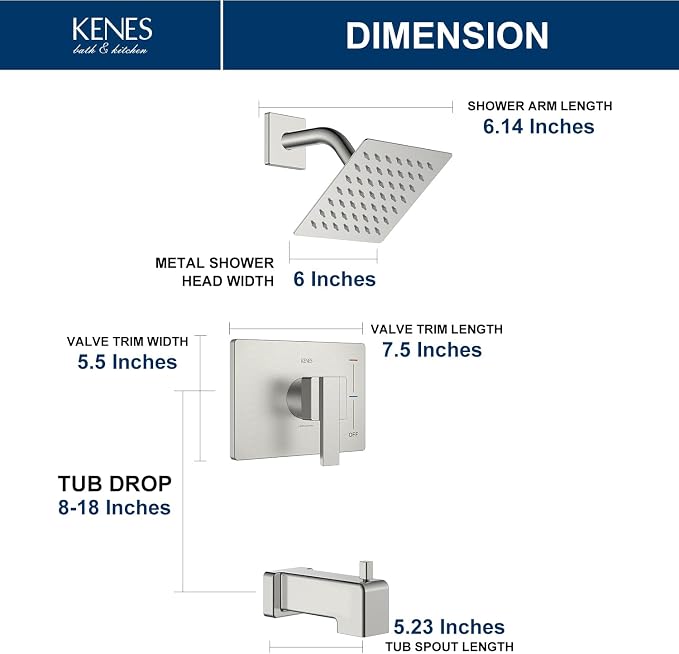 KENES Tub Shower Faucet Set Complete, Brushed Nickel Tub and Shower Trim Kit with 6-Inch Rain Shower Head, Square Shower System, KE-6025A (Shower Valve Included) - Image 6