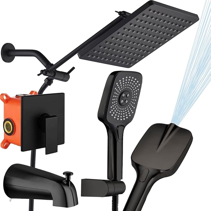 Shower Faucet Set with Tub Spout Matte Black 10 Inch Rainfall Shower with 4 Setting Spray Mixer Shower System Modern Luxury Wall Mounted Tub Shower Faucet Set Rough-in Valve Body (Matte Black) by SUNZOE