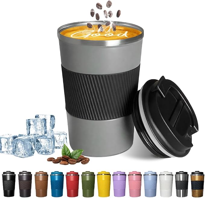 YINBAOGE Insulated Travel Coffee Mug, Spill & Leak Proof, Portable To Go Camping Stainless Steel Coffee Tumbler, Reusable Thermal Coffee Cup with Lid for Hot & Cold Drinks (Grey, 12 OZ) by YINBAOGE