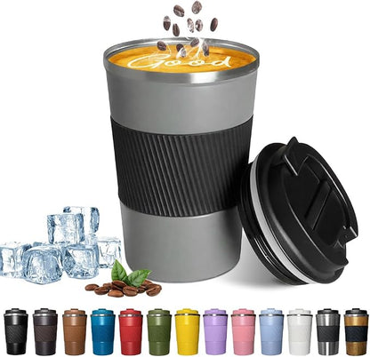 YINBAOGE Insulated Travel Coffee Mug, Spill & Leak Proof, Portable To Go Camping Stainless Steel Coffee Tumbler, Reusable Thermal Coffee Cup with Lid for Hot & Cold Drinks (Grey, 12 OZ) by YINBAOGE