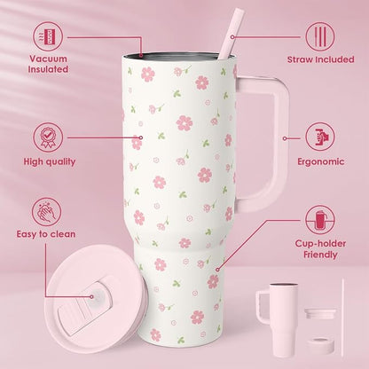 Floral 40oz Tumbler with Handle and Straw – Flowers Insulated Stainless Steel Travel Coffee Mug for Women Girls - Gift Idea for Birthday Christmas Mothers Day - Image 2