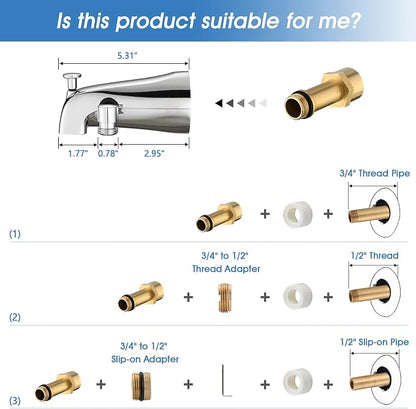 All Metal Bathtub Faucet with Sprayer 10 Settings, Fit for 1/2 inch or 3/4 inch Thread Pipe, 1/2 inch Slip on Pipe,Tub Spout with Diverter Chrome - Image 7