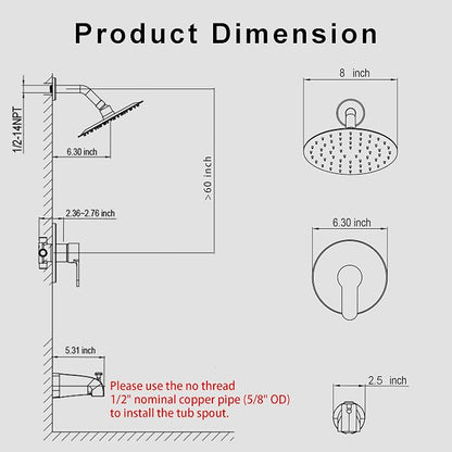 Tub Shower Faucet, Brushed Nickel Shower Faucet Set with 8-Inch All-Metal Rainfall Showerhead and Bathtub Spout, Single-Handle Tub Shower-Trim Kit Included Valve, Brushed Nickel - Image 7