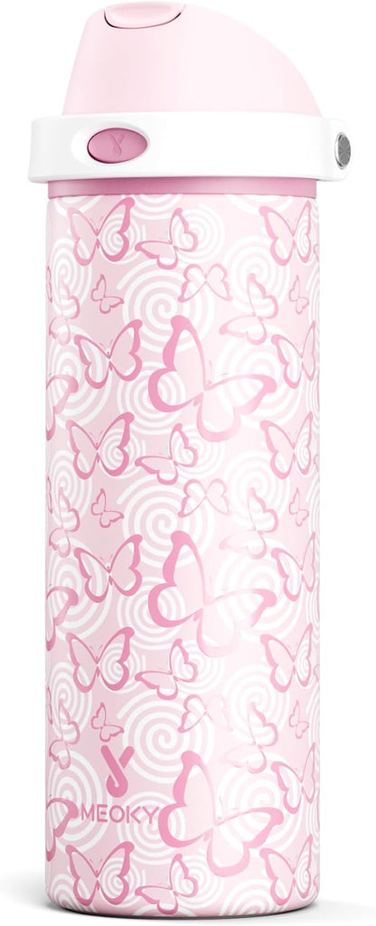 24 oz Insulated Water Bottle with Straw: Meoky Stainless Steel Metal Water Bottle with 2-in-1 Lid - Leak Proof, Cold for 24 Hours, Protective Silicone Base, BPA-Free for Sports Travel Car, Butterfly by MEOKY