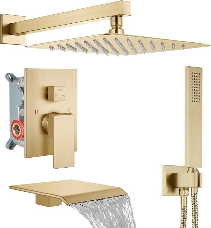 Midanya Shower System with Tub Spout,Bathtub Shower Faucet Set with Square Rainfall Head and Handheld Sprayer Wall Mount Tub Faucet Set with Valve and Trim Kit,10 Inch Brushed Gold by Midanya