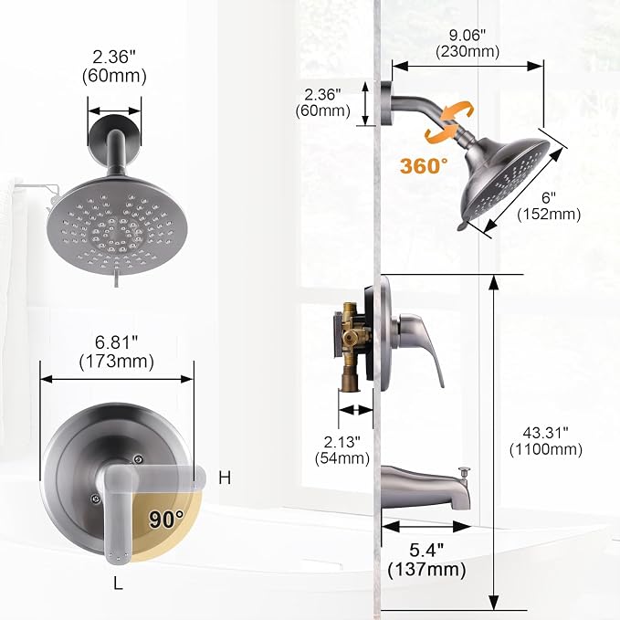 Shower Faucet with Valve, Brushed Nickel Bathroom Tub Shower Faucet Kit, Single Handle Rain Shower Head with Tub Spout, Solid Brass Shower Tub Faucet Set Complete, Bathtub Faucet with Shower - Image 6
