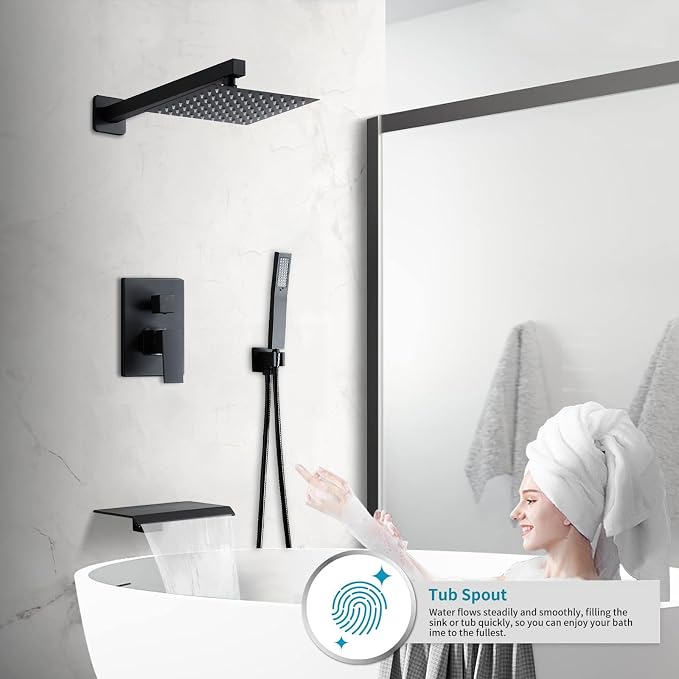 Matte Black Shower Faucet Set with Tub Spout 10 Inch, Shower Head and Handle with 2 Hooks, Tub and Shower Faucet Combo, Rain Shower and Handheld Shower System Square Wall Mount for Bathroom - Image 4