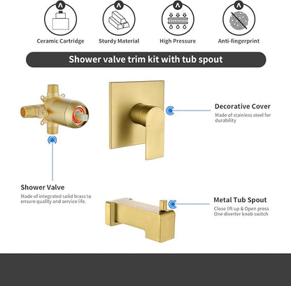 Shower Valve Trim Kit with Tub Spout Wall-Mounted Tub Shower Rough-In Mixer Valve Tub and Shower Trim Kit Bathroom Trim Kit Brushed Gold - Image 2