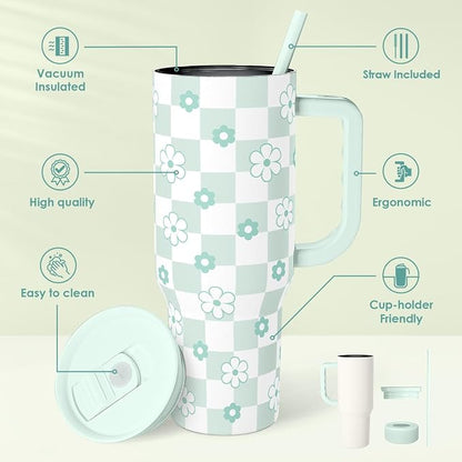 SANDJEST 40oz Daisy Flower Tumbler with Handle and Straw - Insulated Stainless Steel Coffee Travel Mug for Women Girls, Floral Gift Idea for Birthday Christmas - Image 2