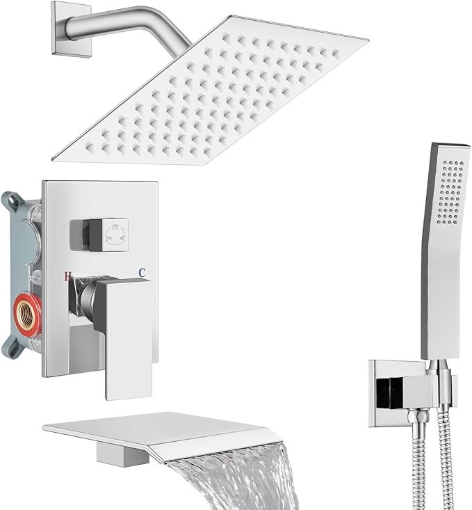Midanya Shower System with Tub Spout,Bathtub Shower Faucet Set with Square Rainfall Head and Handheld Sprayer Wall Mount Tub Faucet Set with Valve and Trim Kit,8 Inch Polish Chrome by Midanya