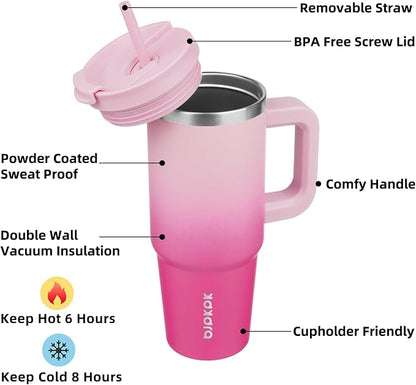 BJPKPK 30oz Stainless Steel Insulated Tumbler With Handle And Lid Straw Travel Coffee Mug Thermal Cup,Cherry Blossom - Image 2